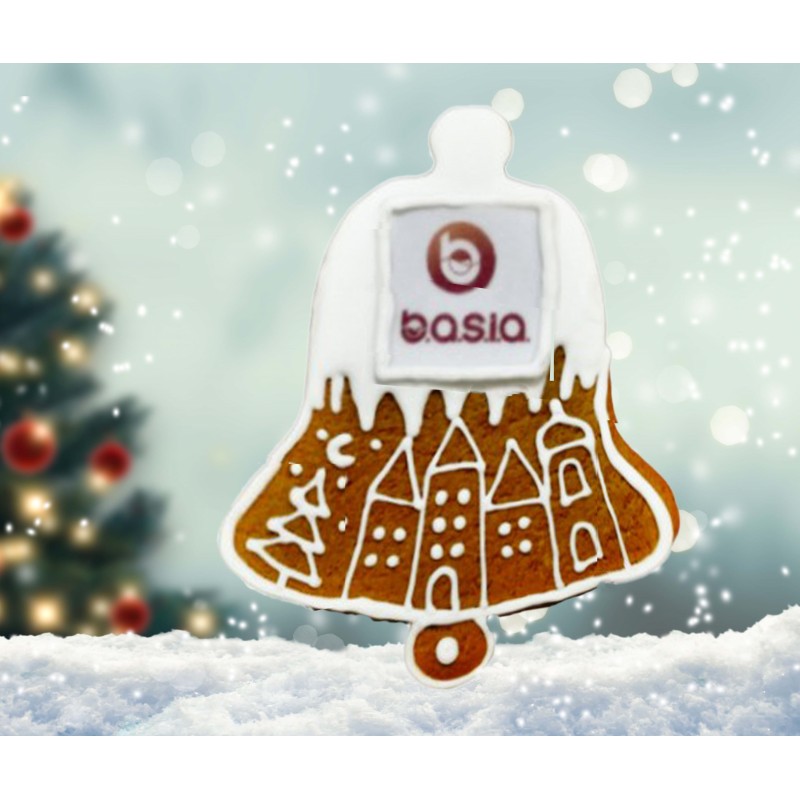 Dzwonek z piernika zaśnieżony z logo firmy
