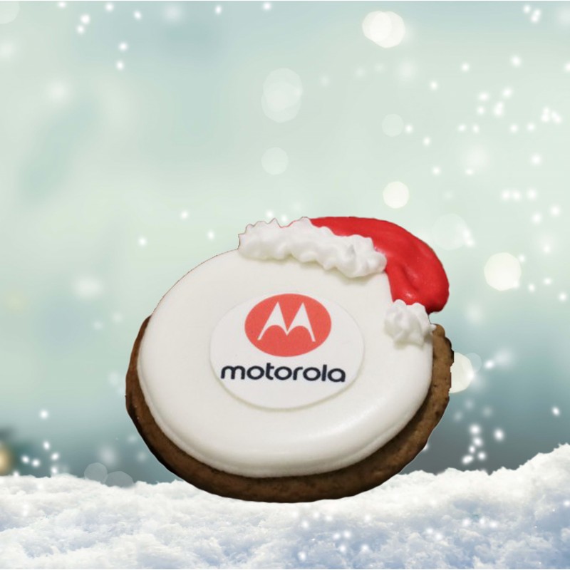 Bombka z piernika z logo lukrowana biały czerwony z czapeczką Mikołaja Motorola