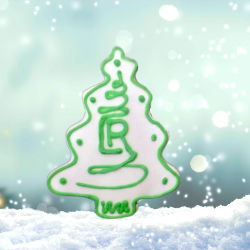 Choinka z piernika z logo lukrowana ręcznie świątecznie na biało-zielono