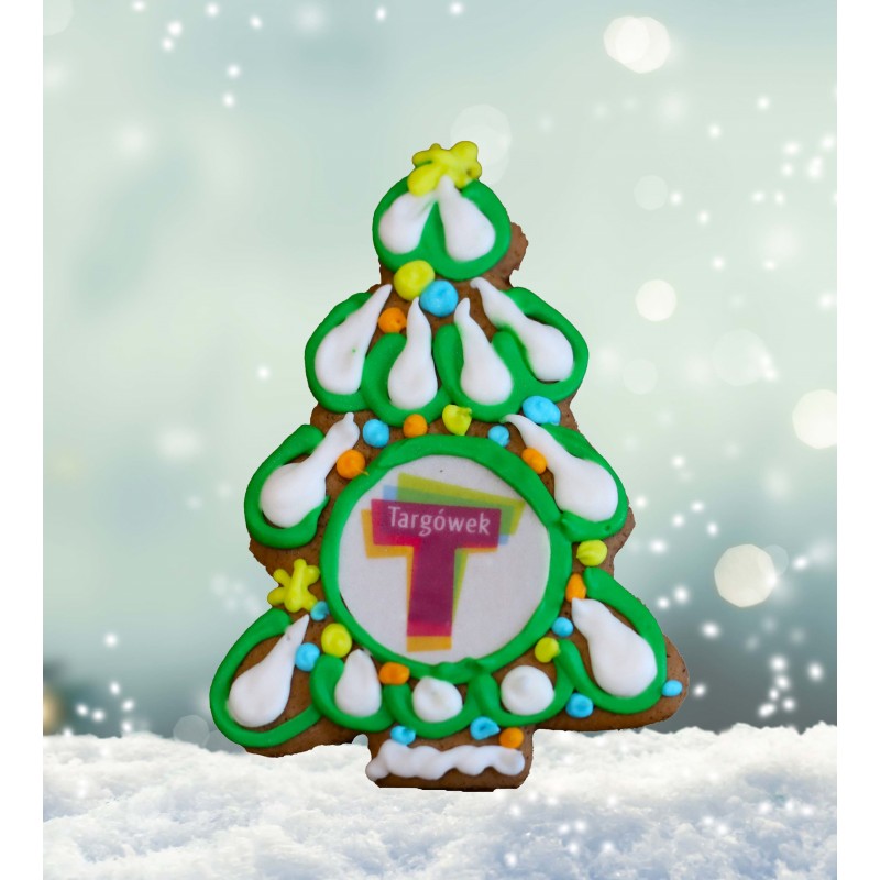 Kolorowo lukrowane pierniki świąteczne na zamówienie w kształcie choinki z piernika z logo na